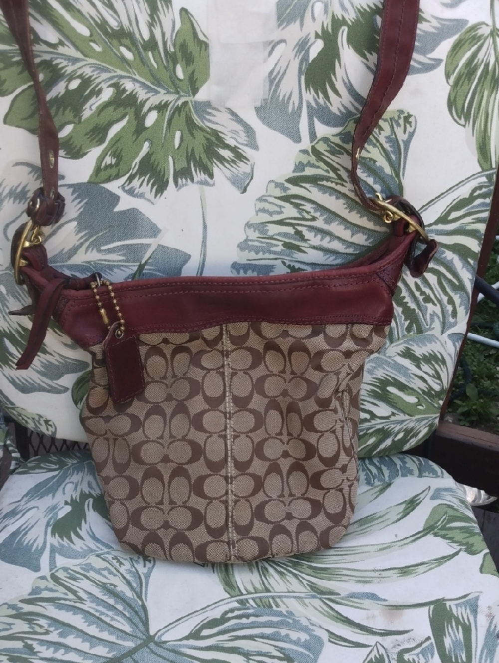Coach Khaki/Burgundy Bucket Signature Canvas Crossbody Mahogany Leather Trim